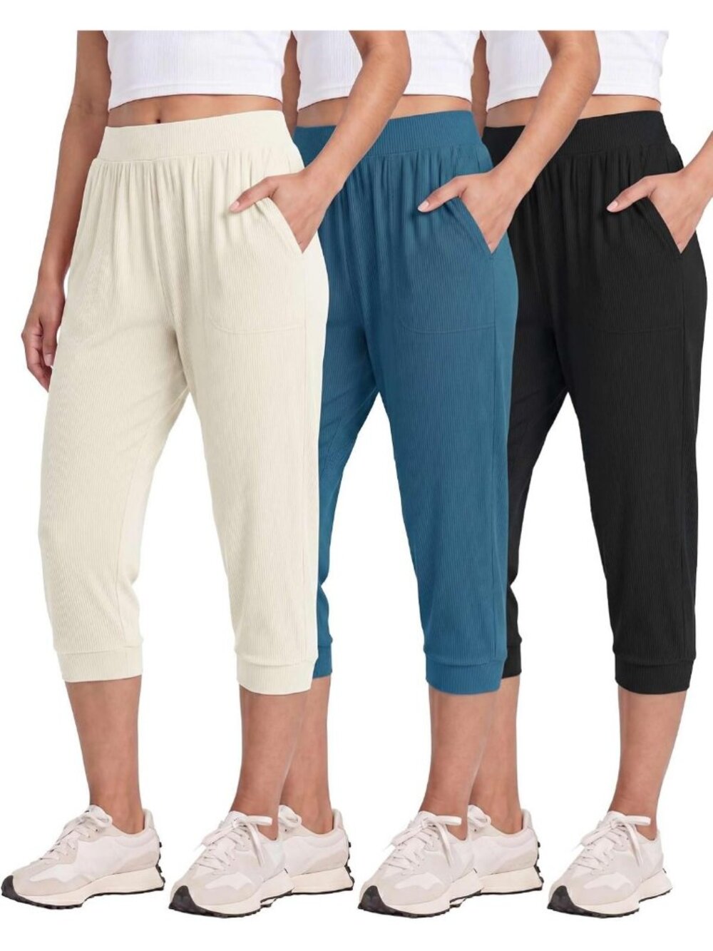 3 Pack Women's Ribbed Capri Joggers with Pockets - Comfy Cropped Sweatpants